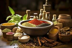 Spices and herbs in wooden bowl adorn table photo