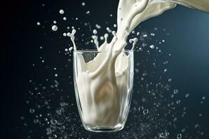 Realistic White Milk into glass with splash isolated on background photo
