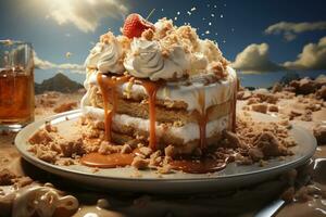 Peace of layered souffl edessert with chocolate and cream sauce photo