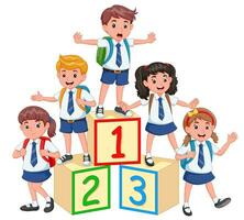 Happy little kids with number blocks. cute students with number blocks. Vector illustration