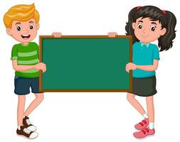 Illustration of cute childrens holding a green board on a white background. Vector illustration