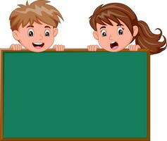 Illustration of cute childrens holding a green board on a white background. Vector illustration