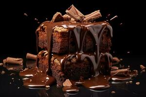 Juicy Brownies, Homemade brownies cake cookies with chocolate, on dark background copy space photo