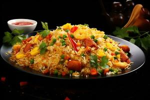 fried rice in bowl at dark background photo