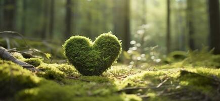 Closeup of wooden heart on moss. Natural burial grave in the woods. Generative AI photo