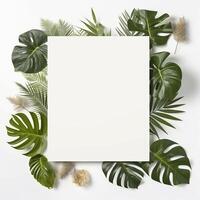Frame with leaves.  Summer tropical leaves and blank frame with copy space on white background. Generative AI photo