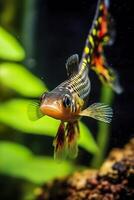 In the aquarium with plants and stones. The spinytail has a variety of color varieties including red, orange, yellow, blue and green. AI Generative photo