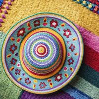 multi de colores tradicional mexicano sombrero en amarillo alfombra. ai generativo foto