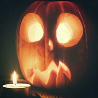 Scared Jack O Lantern and candle light in pumpkin for happy halloween. AI Generative photo