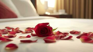 Rose on the bed in the hotel rooms. Rose and her petals on the bed for a romantic evening. honeymoon concept.  AI Generative photo