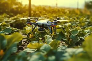 Drone monitoring crops and smart agriculture in a digital farming.  AI Generative photo