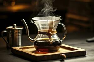 An alternative coffee brewing method is pure over, a glass teapot on a wooden tray. Generative AI photo