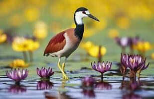 Colorful African wader with long toes next to violet water lily in water. Generative AI photo