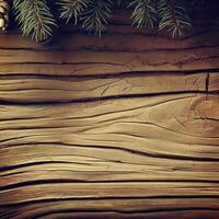 old planked wood board with pine tree branch and decoration. AI Generative photo