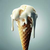 Melting ice cream in cone. AI Generative photo