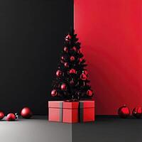 Christmas tree with gift box and ornaments in red or black composition for modern stage display and minimalist mockup. AI Generative photo