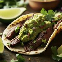Grilled beef taco with guacamole and cilantro. AI Generative photo