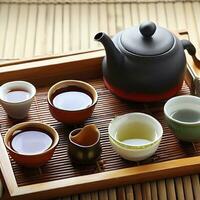 Asian tea set on bamboo tray. AI Generative photo