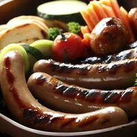 Grilled sausage with vegetable. AI Generative photo