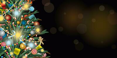 decorado Navidad árbol en borroso antecedentes ilustración. alegre Navidad y contento nuevo año saludo tarjeta modelo tener blanco espacio. foto