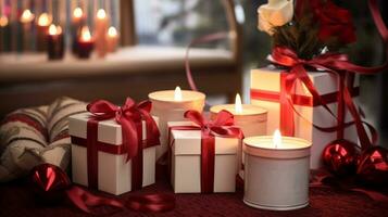 Two wooden boxes with red ribbons sit next to white candles and various decorations, diwali stock images, realistic stock photos