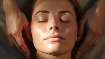 A close-up of a persons face as they receive a massage, mental health images, photorealistic illustration photo