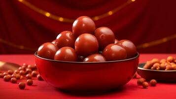 Brown gulaab jamun in a bowl on a red background, diwali stock images, realistic stock photos