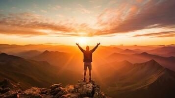A person stands on a mountaintop looking out at the view, mental health images, photorealistic illustration photo