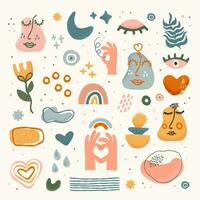 Big set of hand drawn various shapes and objects. Doodle textured faces, eyes, hands, rainbows and frames. Abstract contemporary modern trendy vector illustration. Relationship, love concept.