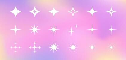 Set of retro white y2k stars, sparkles and bling on a vivid holographic gradient background. vector