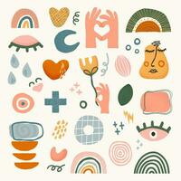 Big set of hand drawn various shapes and doodle objects. Doodle textured face, eyes, hands, rainbows and frames. Abstract contemporary modern trendy vector illustration. Relationship Concept