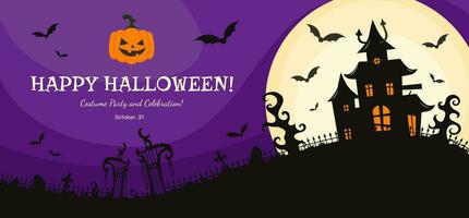 Halloween party invitation banner, greeting card, flyer with creepy haunted house, cemetery and a full moon on the background with flying bats around. vector