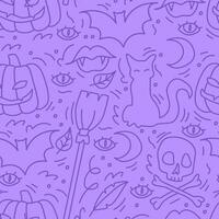 Seamless purple Halloween pattern. Pumpkin, cat, skull, moon. vector