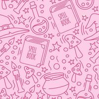 Seamless pink Halloween pattern. Spell book, potion, mushrooms, cauldron. witchcraft. vector