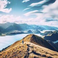 Roys peak mountain hike in Wanaka New Zealand. Popular tourism travel destination. Concept for hiking travel and adventure. AI Generative photo