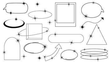 Aesthetic y2k geometric shapes, frames with stars. Oval, heart, arrow, frame figures with sparkles. Retro basic line art design elements. Vector illustration for social media or poster