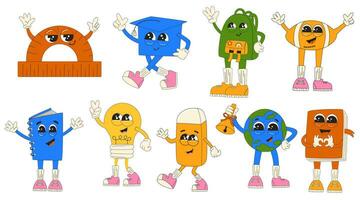 Back to school. Funky retro groovy characters earth planet, school bag, ball, books and other. Funny cartoon set with element and character. Vector illustration.