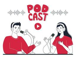 joven niña y chico grabar un podcast, en línea radio espectáculo. personas con auriculares son hablando dentro un micrófono. el concepto de podcasting, radiodifusión.esquema garabatear vector caracteres aislado en blanco