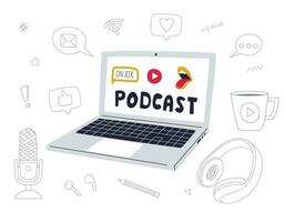 Set of doodle outline podcast elements, symbols, icons. And open laptop with a Podcast word, open mouth and Play button on screen. Microphone, headphones. Vector illustration islolated on white