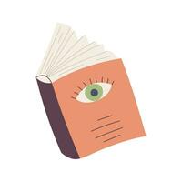 An open hardcover book with eye on cover. A symbol of learning, education. Literature, reading. Color flat cartoon vector illustration isolated on a white background.