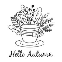 Hello Autumn. Cute coloring page with a cup of tea and autumn leaves. Doodle style vector illustration on white background