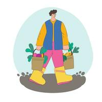 un hombre lleva vegetales en baldes agrícola otoño trabajar. cosecha. plano ilustración vector