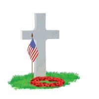 A white marble tombstone in the shape of a cross on green grass, a bouquet of red poppies. On Memorial Day, the grave is decorated with a floral wreath. A memorable date of Great Britain and Canada. vector