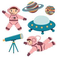 un conjunto de ilustraciones con linda astronautas, un astronave, un telescopio y planetas en dibujos animados estilo. vector