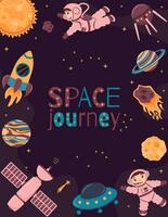 Vector background with astronauts, planets, spacecraft, rocket, satellite, meteorite, space station in cartoon style.