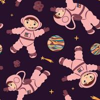 Seamless pattern with cute astronauts, shooting stars, planets and meteorites in zero gravity in cartoon style. vector