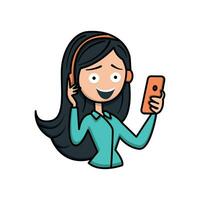 PrintYoung woman with headphones listening to audio on smartphone. Flat vector illustration with female character