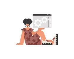 The excited lady is holding a browser window with gears. SEO and web investigating subject. Restricted. Trendy style, Vector Illustration