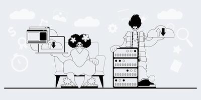 Two people sitting on a chair with a computer and a phone vector