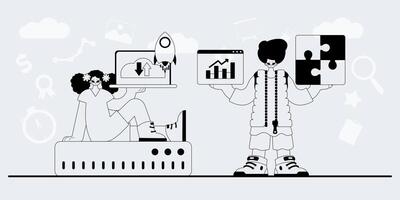 A man and woman are holding up a laptop and a tablet vector
